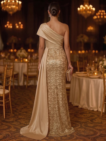 Sheath/Column One-Shoulder Satin Evening Dresses Floor-Length Sleeveless Sequins Formal Dresses