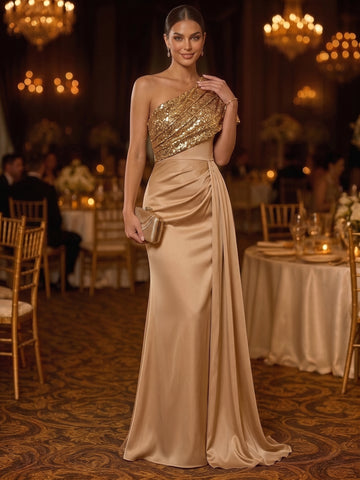 Sheath/Column One-Shoulder Satin Evening Dresses Floor-Length Sequins Sleeveless Formal Dresses