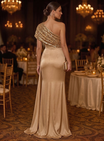 Sheath/Column One-Shoulder Satin Evening Dresses Floor-Length Sequins Sleeveless Formal Dresses