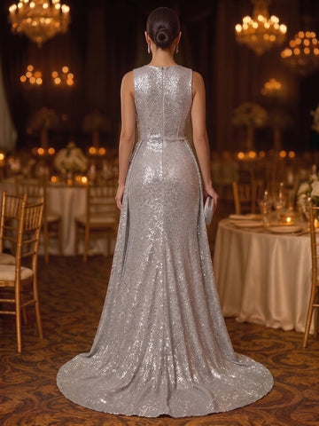 Sheath/Column V-Neck Sequins Evening Dresses Floor-Length Sleeveless Formal Dresses Train