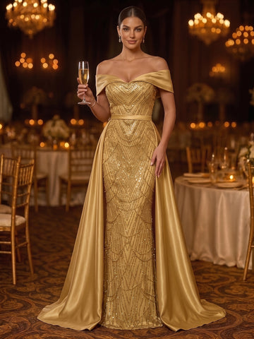 Sheath/Column Off-the-Shoulder Satin Evening Dresses Floor-Length Sleeveless Sequins Formal Dresses