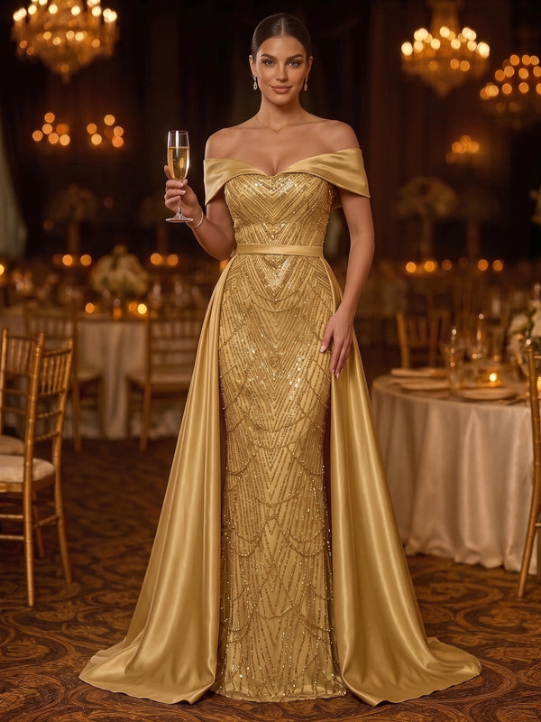 Sheath/Column Off-the-Shoulder Satin Evening Dresses Floor-Length Sleeveless Sequins Formal Dresses