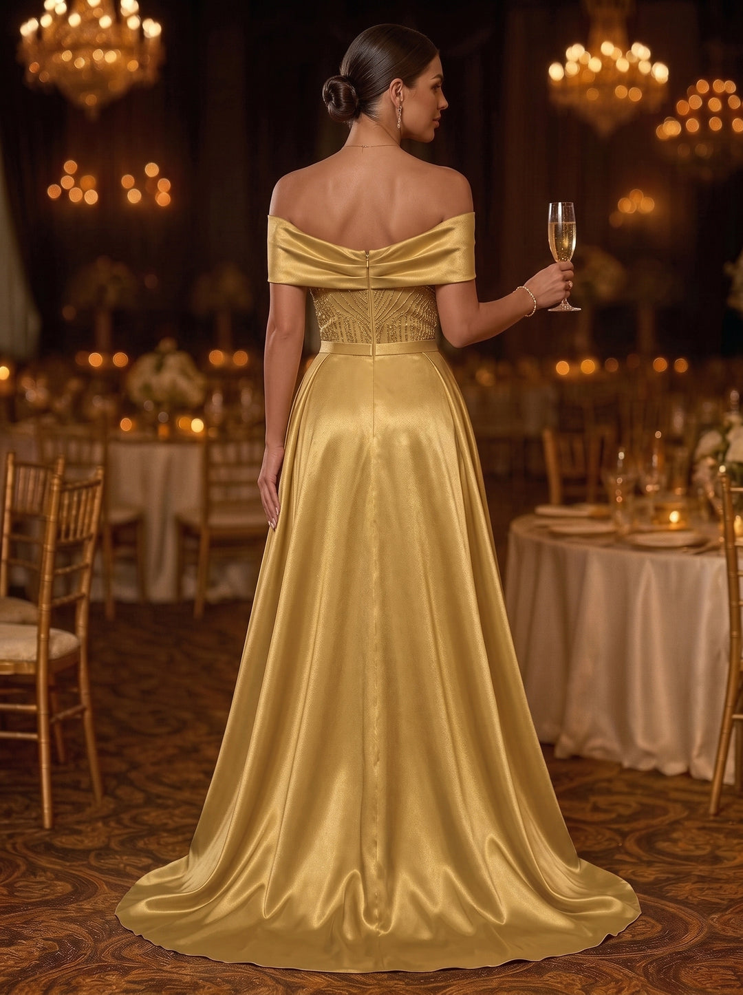 Sheath/Column Off-the-Shoulder Satin Evening Dresses Floor-Length Sleeveless Sequins Formal Dresses