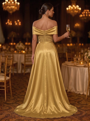 Sheath/Column Off-the-Shoulder Satin Evening Dresses Floor-Length Sleeveless Sequins Formal Dresses