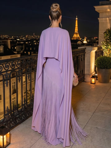 A-Line/Princess Scoop Stretch Satin Evening Dresses Floor-Length Cape Sleeves Formal Dresses With Tassels