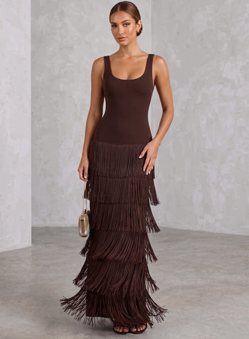 Sheath/Column Stretch Satin Evening Dresses Scoop Sleeveless Floor-Length Fringed Formal Dresses