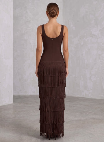 Sheath/Column Stretch Satin Evening Dresses Scoop Sleeveless Floor-Length Fringed Formal Dresses