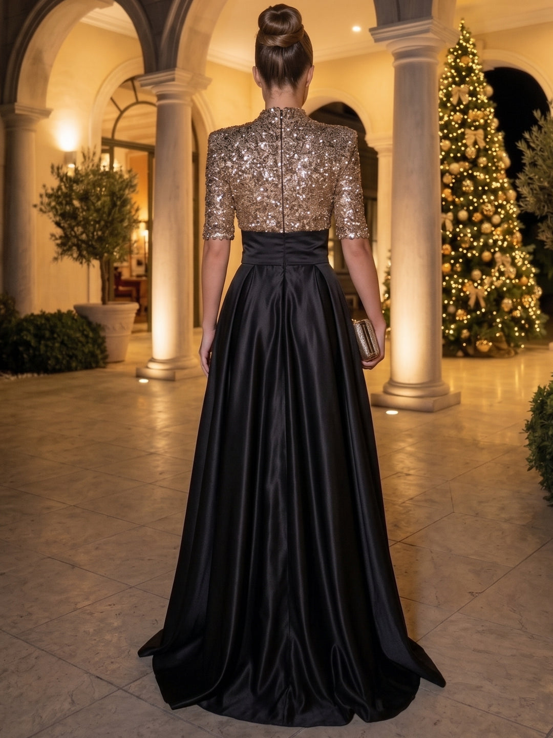 A-Line/Princess Mock Neck Satin Evening Dresses Floor-Length Short Sleeves Formal Dresses With Split Side