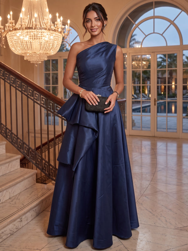 A-Line/Princess One-Shoulder Taffeta Evening Dresses Sleeveless Floor-Length Ruffles Party Dresses