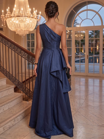A-Line/Princess One-Shoulder Taffeta Evening Dresses Sleeveless Floor-Length Ruffles Party Dresses