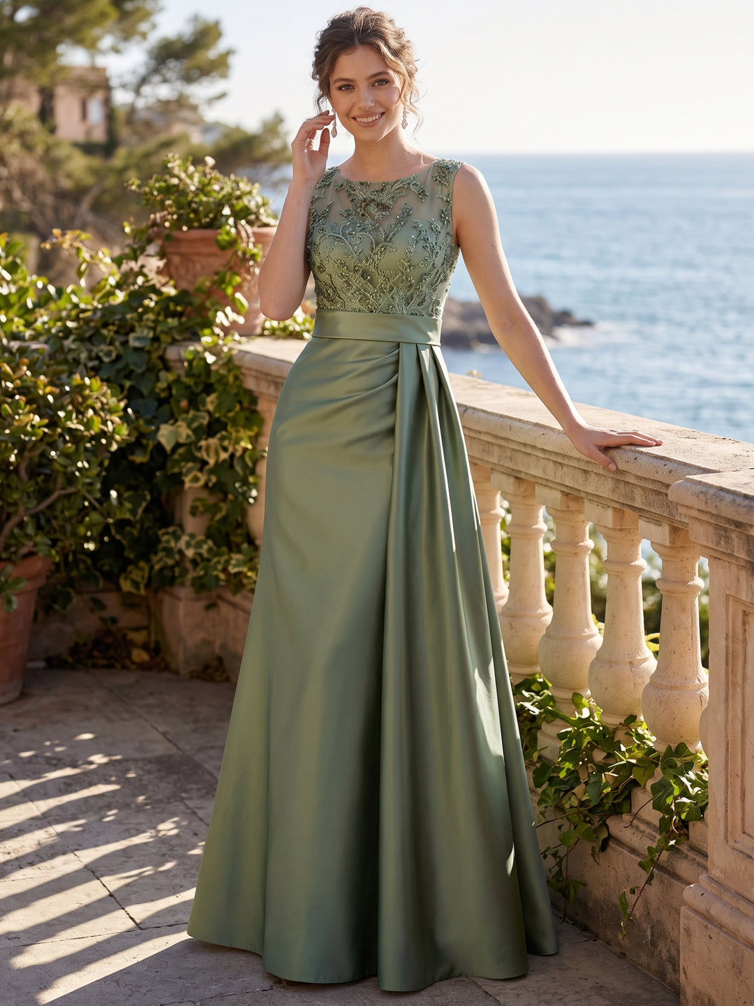 A-Line/Princess Scoop Satin Evening Dresses Sleeveless Floor-Length Lace Sequins Party Dresses