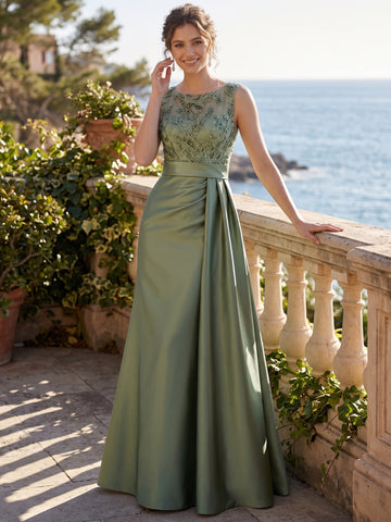 A-Line/Princess Scoop Satin Evening Dresses Sleeveless Floor-Length Lace Sequins Party Dresses