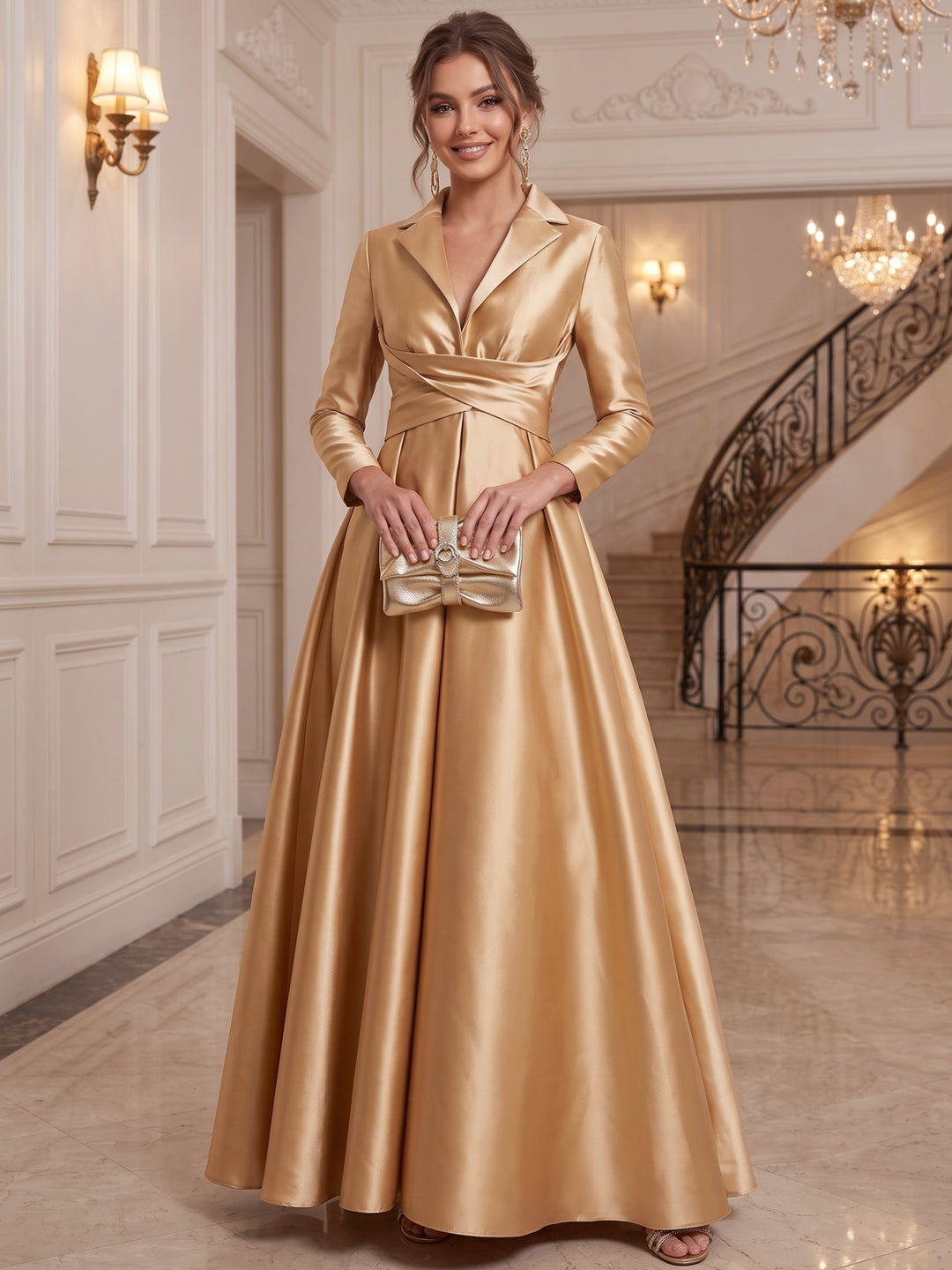 A-Line/Princess Shirt Collar Satin Evening Dresses Long Sleeves Ruched Formal Dresses Floor-Length
