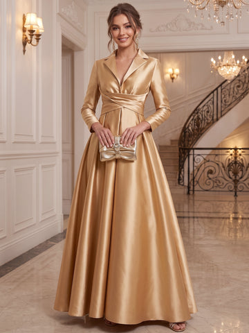 A-Line/Princess Shirt Collar Satin Evening Dresses Long Sleeves Ruched Formal Dresses Floor-Length