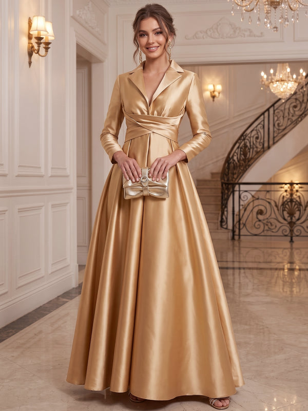 A-Line/Princess Shirt Collar Satin Evening Dresses Long Sleeves Ruched Formal Dresses Floor-Length