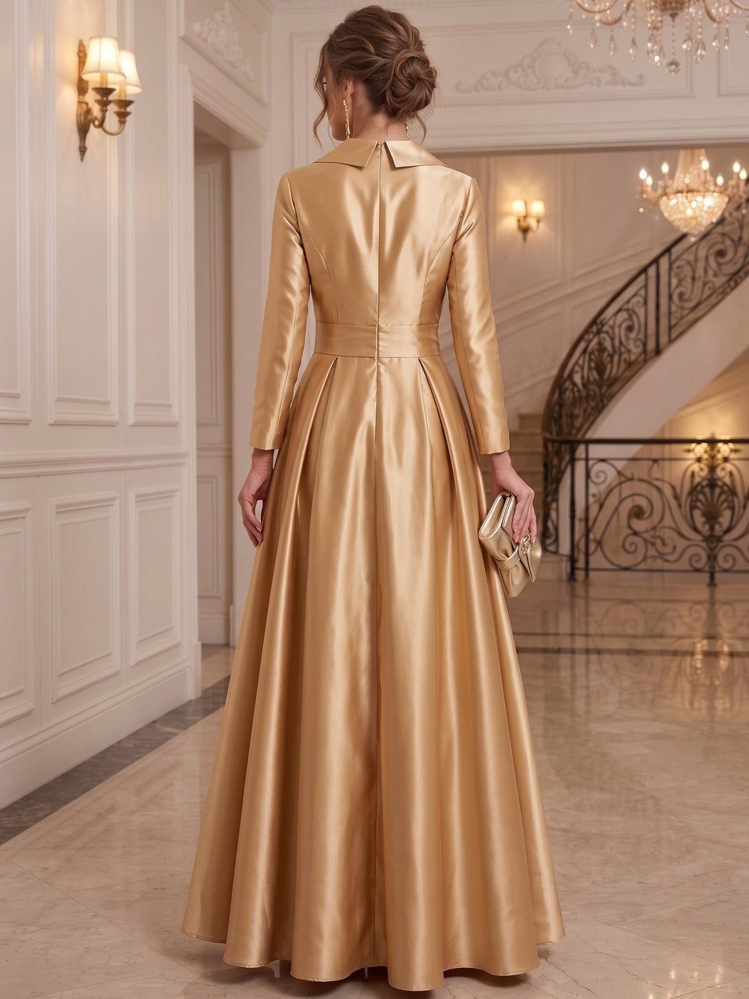 A-Line/Princess Shirt Collar Satin Evening Dresses Long Sleeves Ruched Formal Dresses Floor-Length