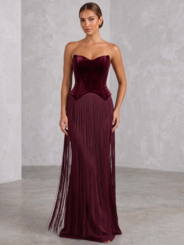 Sheath/Column Off-Shoulder Velvet Evening Dresses Sleeveless Fringe Formal Dresses Floor-Length