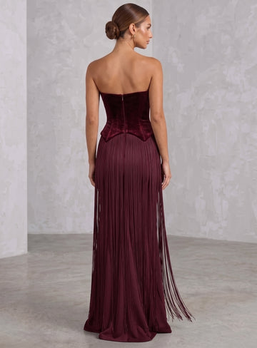 Sheath/Column Off-Shoulder Velvet Evening Dresses Sleeveless Fringe Formal Dresses Floor-Length