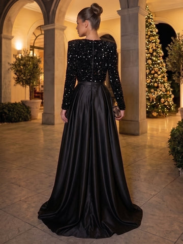 A-Line/Princess Deep V-Neck Satin Evening Dresses Sequins Floor-Length Long Sleeves Formal Dresses With Split Side