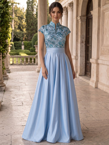 A-Line/Princess Scoop Satin Evening Dresses Sleeveless Floor-Length Lace Sequins Party Dresses