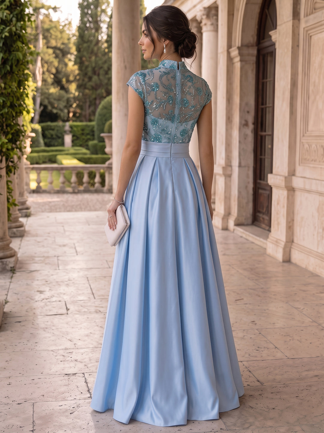 A-Line/Princess Scoop Satin Evening Dresses Sleeveless Floor-Length Lace Sequins Party Dresses