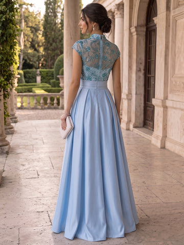 A-Line/Princess Scoop Satin Evening Dresses Sleeveless Floor-Length Lace Sequins Party Dresses