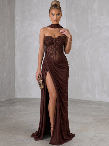 Sheath/Column Strapless Spandex Evening Dresses with Sequins Split Side Floor-Length Sleeveless Ruched Formal Dresses