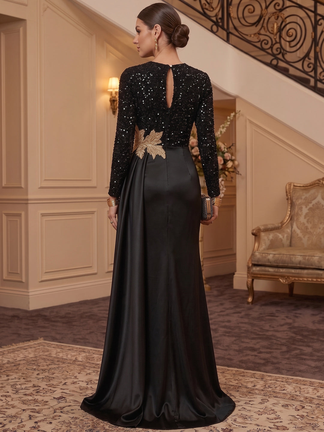 Trumpet/Mermaid Scoop Satin Evening Dresses Sequins Floor-Length Long Sleeves Formal Dresses