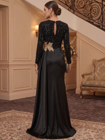 Trumpet/Mermaid Scoop Satin Evening Dresses Sequins Floor-Length Long Sleeves Formal Dresses