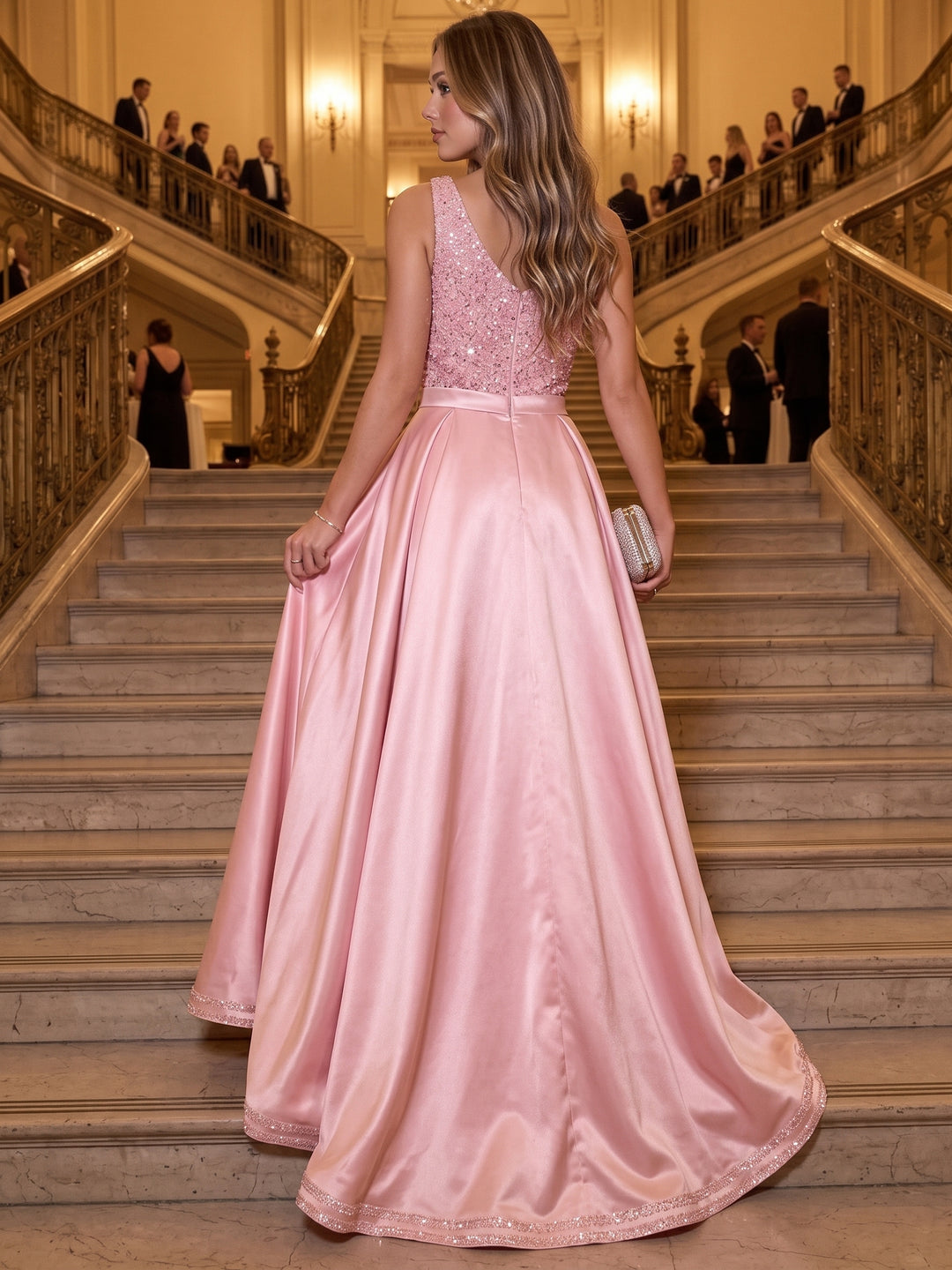 A-Line/Princess One-Shoulder Satin Evening Dresses Floor-Length Sleeveless Sequins Formal Dresses With Detachable Overskirt