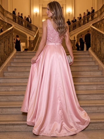 A-Line/Princess One-Shoulder Satin Evening Dresses Floor-Length Sleeveless Sequins Formal Dresses With Detachable Overskirt