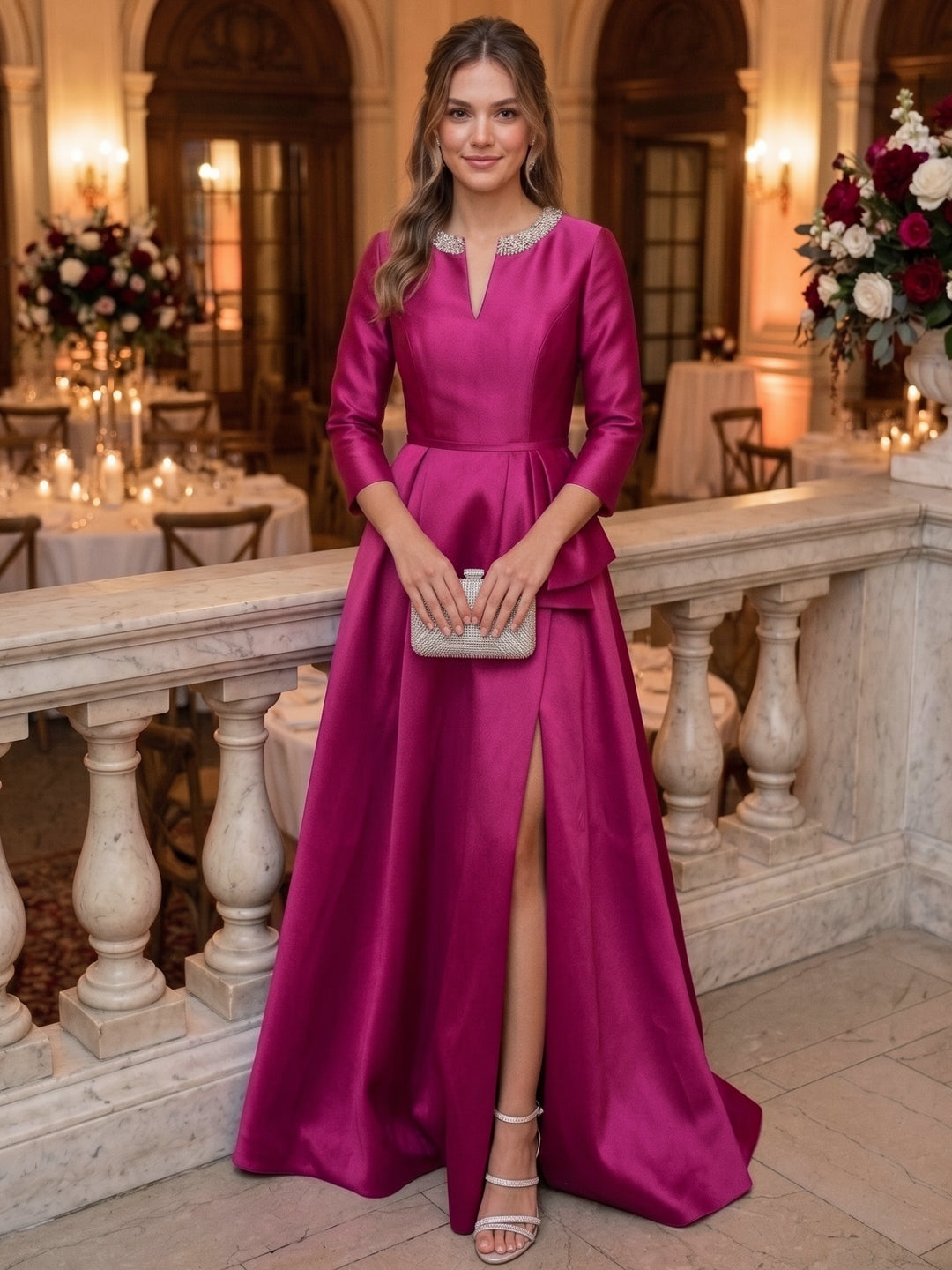 A-Line/Princess Scoop Satin Evening Dresses Floor-Length 3/4 Sleeves Beading Formal Dresses With Split Side