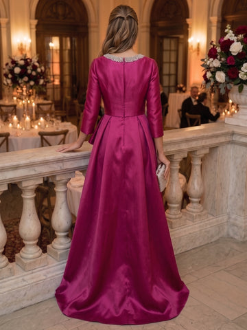 A-Line/Princess Scoop Satin Evening Dresses Floor-Length 3/4 Sleeves Beading Formal Dresses With Split Side
