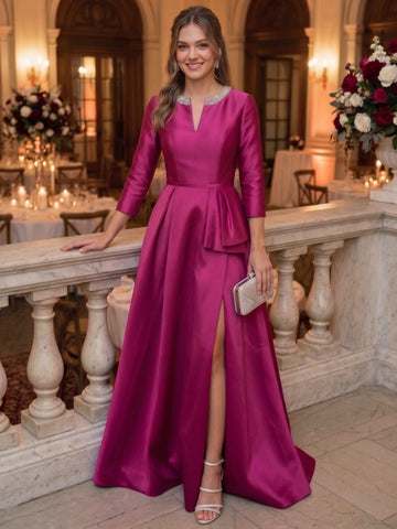 A-Line/Princess Scoop Satin Evening Dresses Floor-Length 3/4 Sleeves Beading Formal Dresses With Split Side
