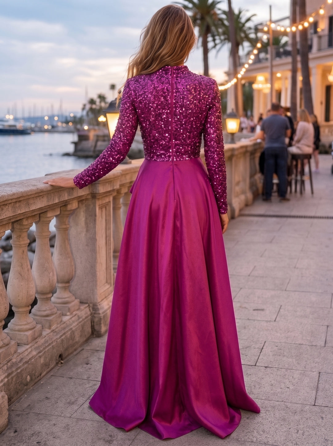 A-Line/Princess Scoop Satin Evening Dresses Sequins Floor-Length Long Sleeves Formal Dresses With Split Side