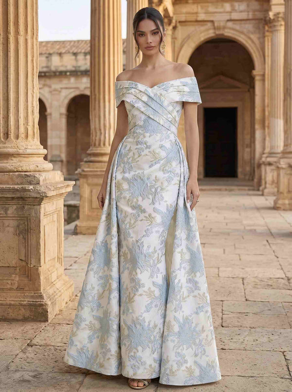 A Line/Princesses Evening Gown Elegant Floral Jacquard Evening Dress Satin Off the Shoulder Floor-Length Formal Dress With Overskirt