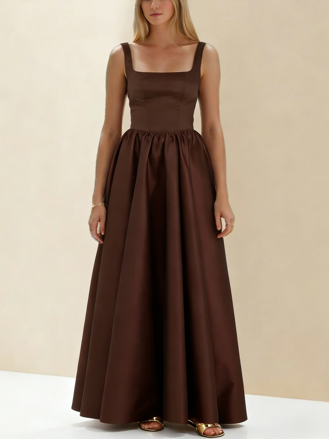 A-Line/Princess Black Prom Dress Square Neck Maxi Dress Sleeveless Floor-Length Formal Dresses with Back Bowknot
