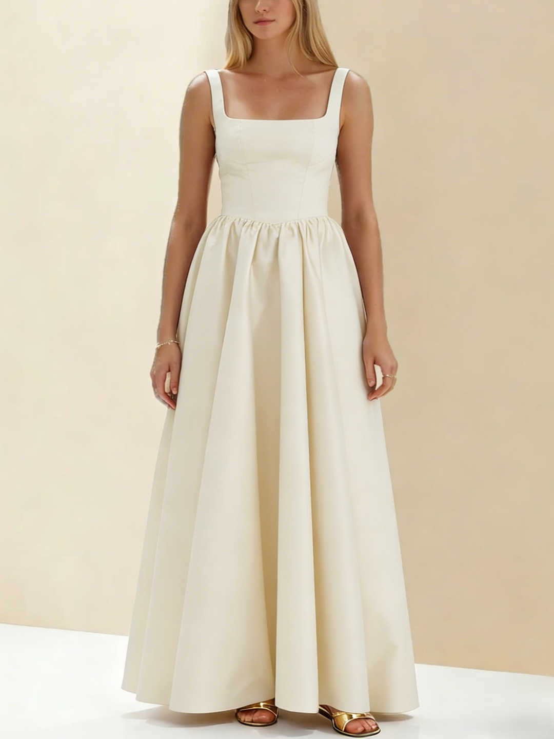 A-Line/Princess Black Prom Dress Square Neck Maxi Dress Sleeveless Floor-Length Formal Dresses with Back Bowknot