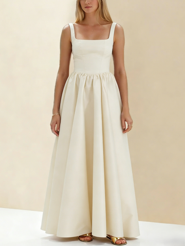 A-Line/Princess Black Prom Dress Square Neck Maxi Dress Sleeveless Floor-Length Formal Dresses with Back Bowknot