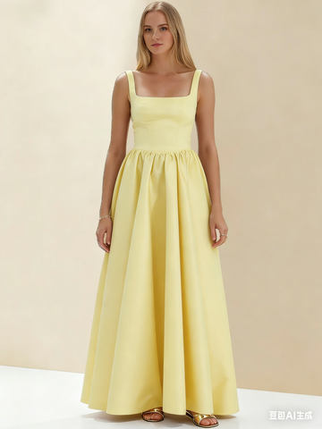 A-Line/Princess Black Prom Dress Square Neck Maxi Dress Sleeveless Floor-Length Formal Dresses with Back Bowknot