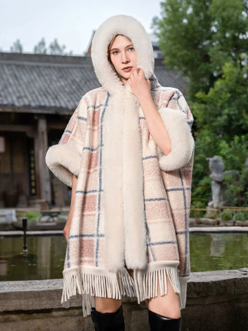Women’s Winter Plaid Warm Knit Fleece Cape Shawl/Wrap with Tassels