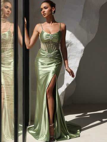 Trumpet/Mermaid Prom Dress Basque Waist Spaghetti Straps Corset Dresses With Split Side Rhinestones