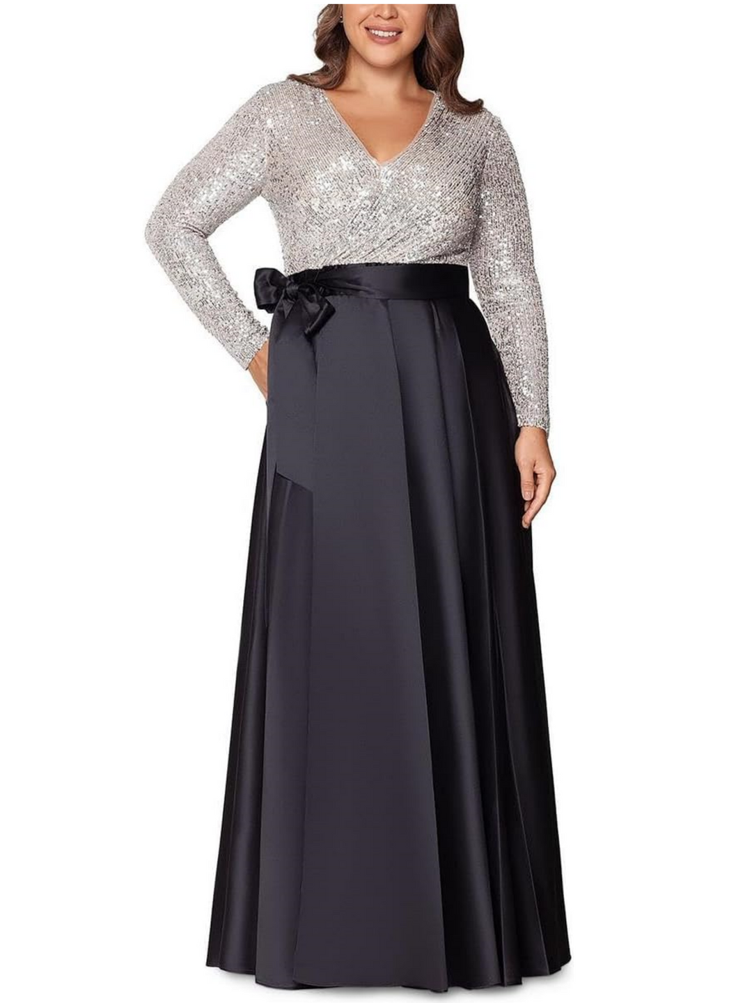 A-Line/Princess Evening Dresses V-Neck Long Sleeves Floor-Length Formal Gown With Pocket & Sequins