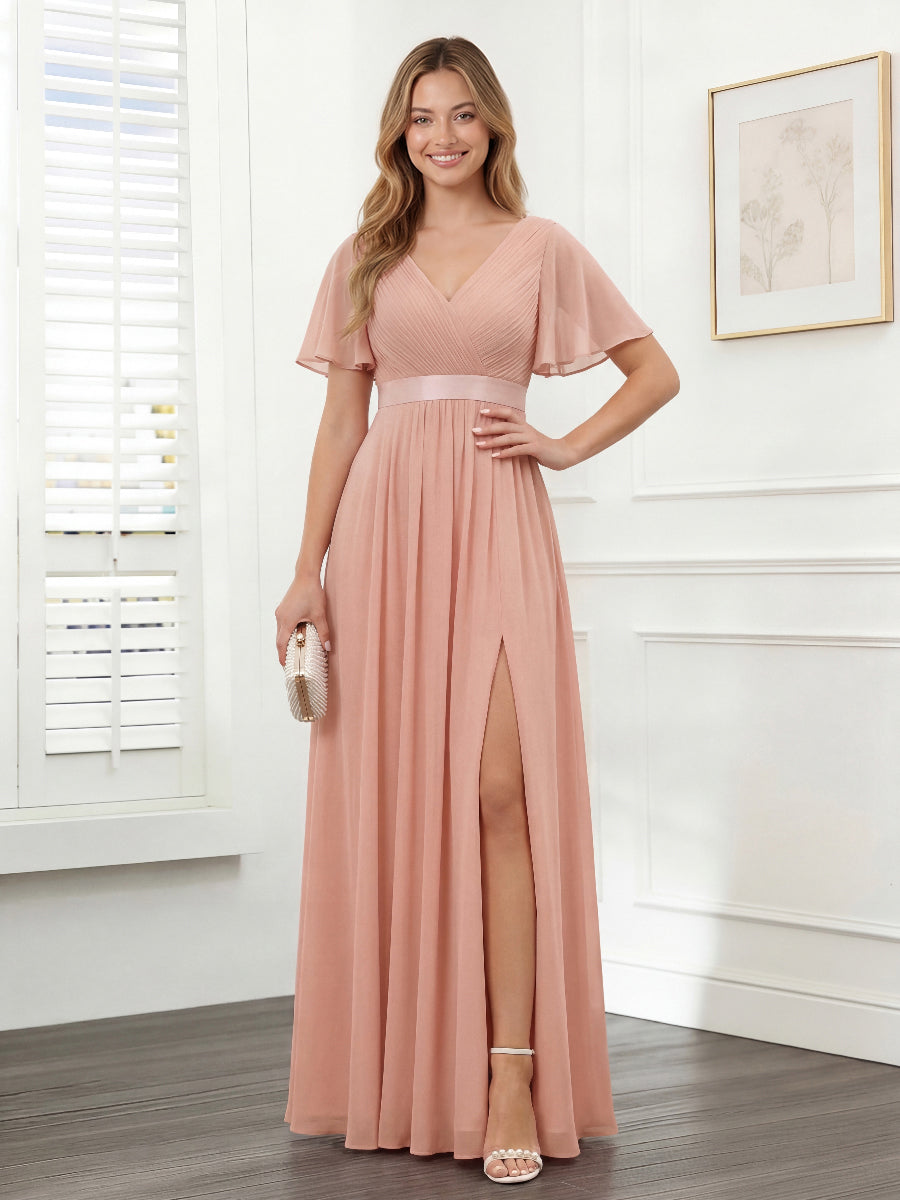 A-Line V-Neck Short Sleeves Chiffon Bridesmaid Dresses with Pockets