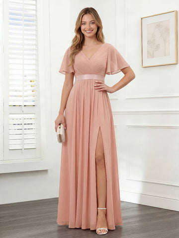 A-Line V-Neck Short Sleeves Chiffon Bridesmaid Dresses with Pockets