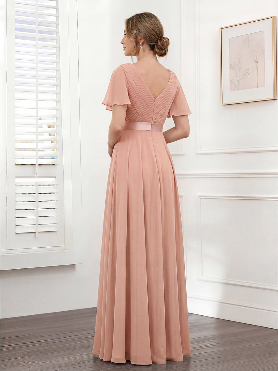 A-Line V-Neck Short Sleeves Chiffon Bridesmaid Dresses with Pockets