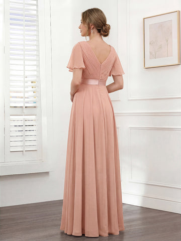 A-Line V-Neck Short Sleeves Chiffon Bridesmaid Dresses with Pockets