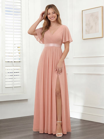 A-Line V-Neck Short Sleeves Chiffon Bridesmaid Dresses with Pockets