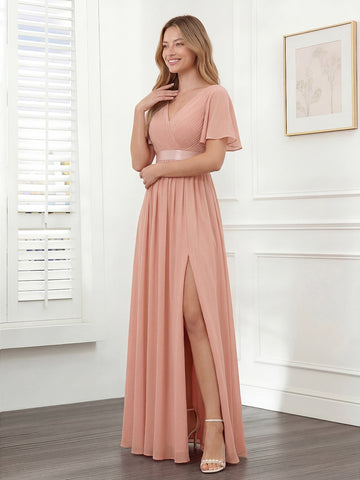 A-Line V-Neck Short Sleeves Chiffon Bridesmaid Dresses with Pockets