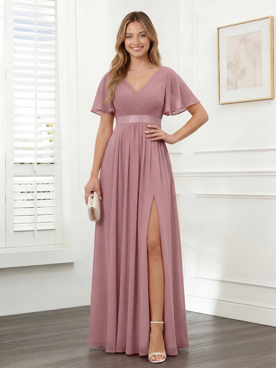 A-Line V-Neck Short Sleeves Chiffon Bridesmaid Dresses with Pockets